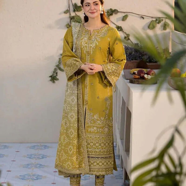 3 Piece Unstitched Heavy Embroidered Dhanak Suit with Printed Woolen Shawl