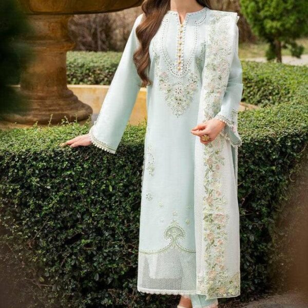 Unstitched 3PC Embroidered Lawn Suit With Organza Embroidered Dupatta