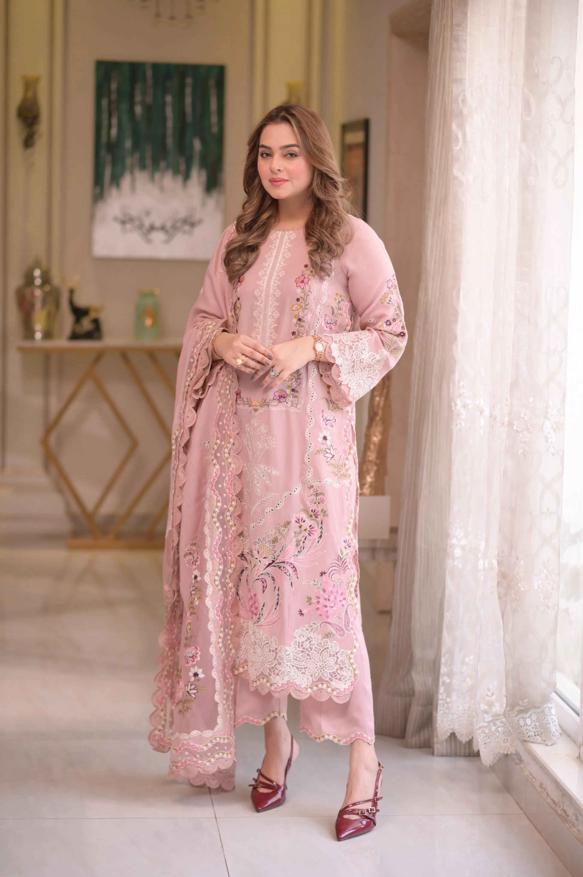 Aneelas Lawn Unstitched Embroidered with cotton Net heavy Embroidered Duppta