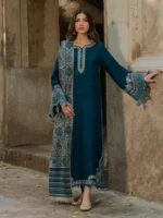 IZEL-3PC Unstitched Embroidered Lawn Suit With Digital Printed Monar Slub Dupatta