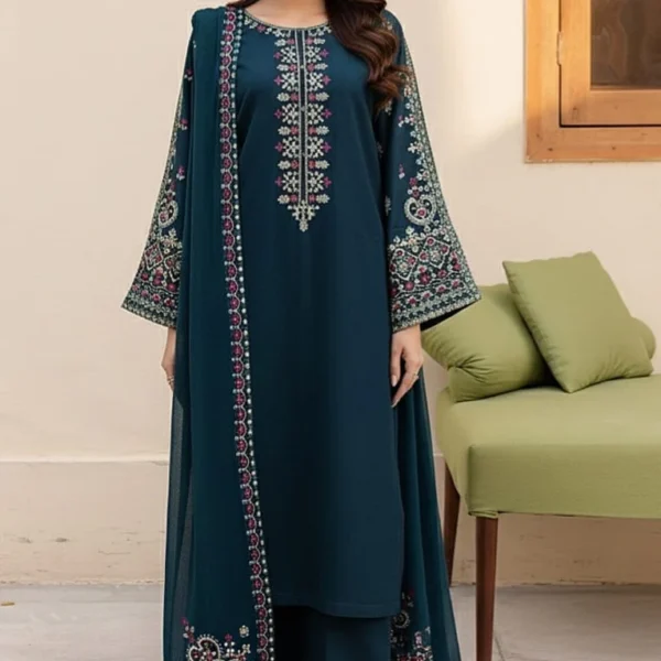 LM-585 Unstitched Embroidered Lawn Suit 3pc With Embroidered Chiffon Dupatta