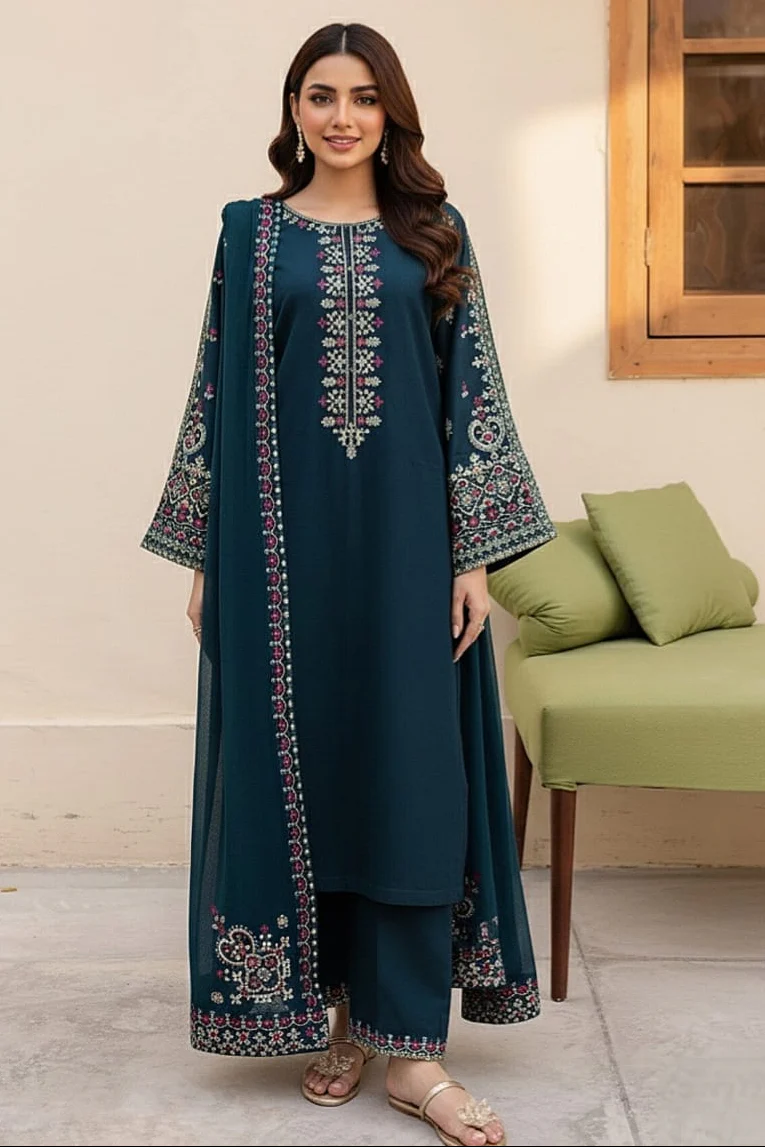 LM-585 Unstitched Embroidered Lawn Suit 3pc With Embroidered Chiffon Dupatta