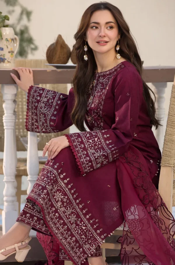 QL-2685 3 Piece -Unstitched Fully Embroidered Lawn Fabric Embroidered Organza Dupatta