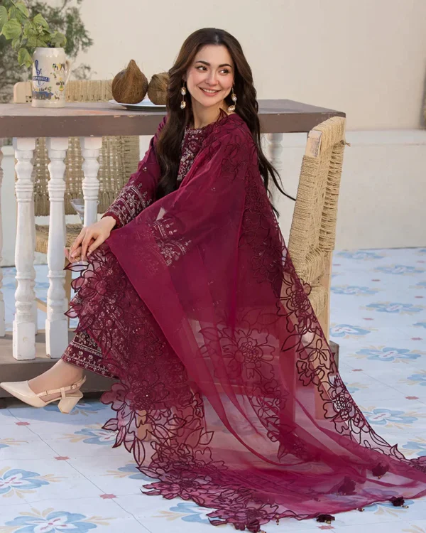 QL-2685 3 Piece -Unstitched Fully Embroidered Lawn Fabric Embroidered Organza Dupatta