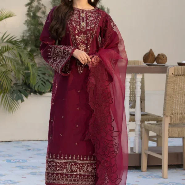 QL-2685 3 Piece -Unstitched Fully Embroidered Lawn Fabric Embroidered Organza Dupatta