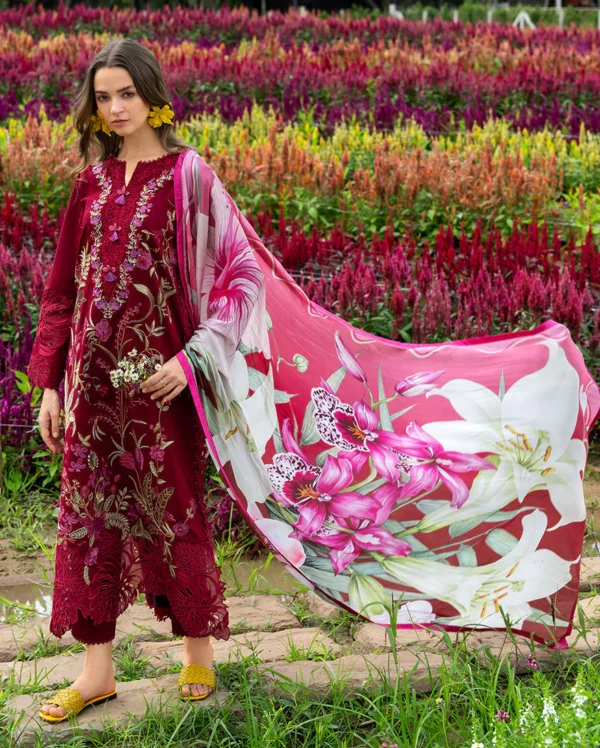 3 Piece -Lawn Unstitched Embroidered Shirt With Printed Chiffon Dupatta 