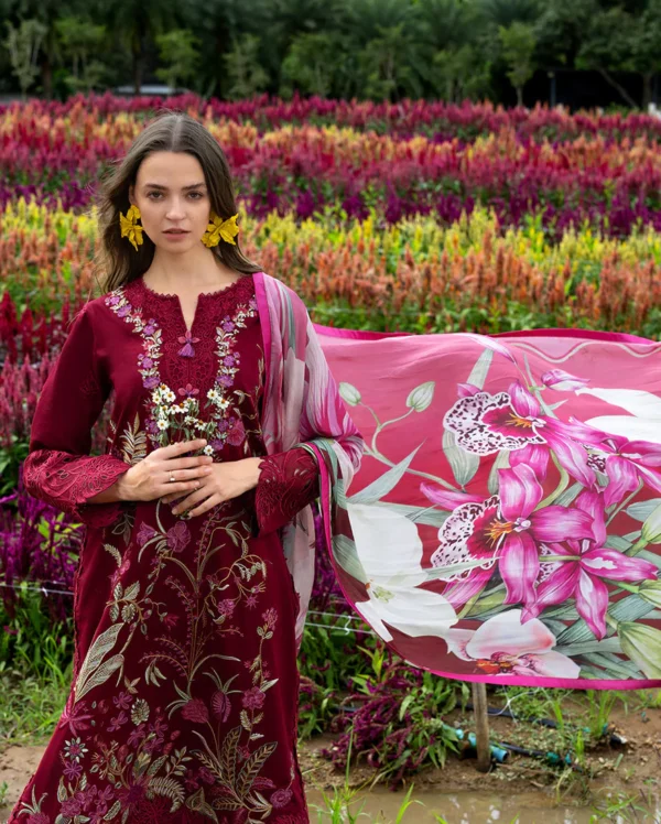 3 Piece -Lawn Unstitched Embroidered Shirt With Printed Chiffon Dupatta 