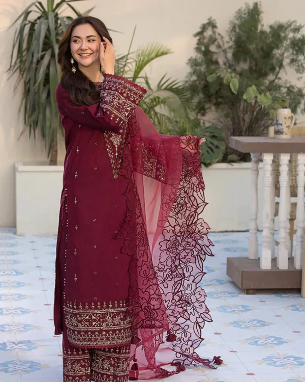 QL-2685 3 Piece -Unstitched Fully Embroidered Lawn Fabric Embroidered Organza Dupatta