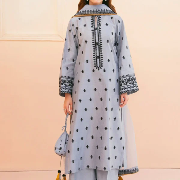 AS-2775 Lawn Embroidered Shirt With Organza Embroidered Dupatta.