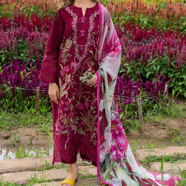 MR-2750 3 Piece -Lawn Unstitched Embroidered Shirt With Printed Chiffon Dupatta