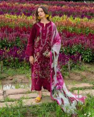 3 Piece -Lawn Unstitched Embroidered Shirt With Printed Chiffon Dupatta 