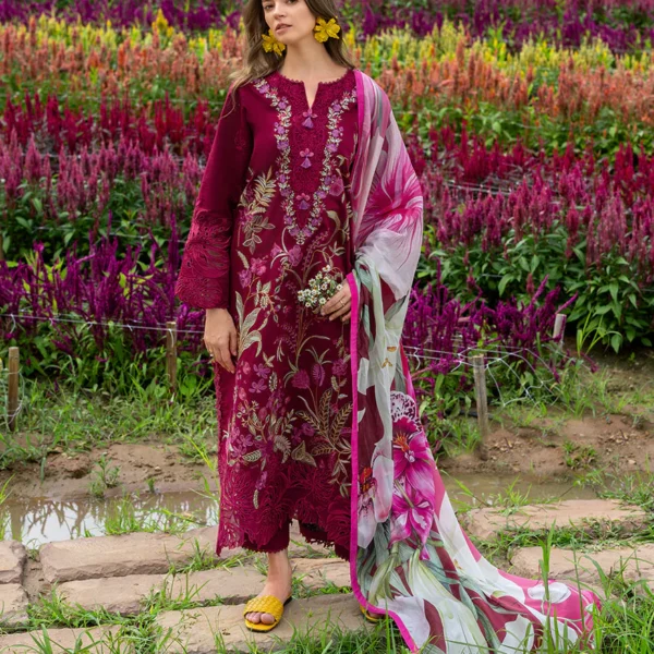 3 Piece -Lawn Unstitched Embroidered Shirt With Printed Chiffon Dupatta 