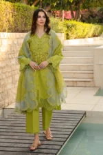 Luxury Lawn Stuff 3 Piece Full Chicken Kari Embroidered Suit With Cotton Net Embroidered Dupatta.