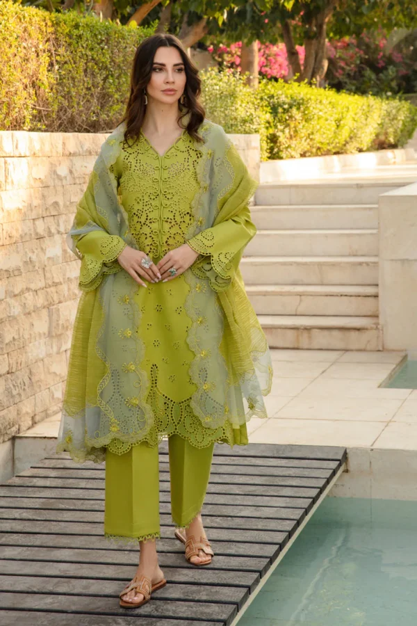 Luxury Lawn Stuff 3 Piece Full Chicken Kari Embroidered Suit With Cotton Net Embroidered Dupatta.