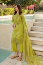 Luxury Lawn Stuff 3 Piece Full Chicken Kari Embroidered Suit With Cotton Net Embroidered Dupatta.