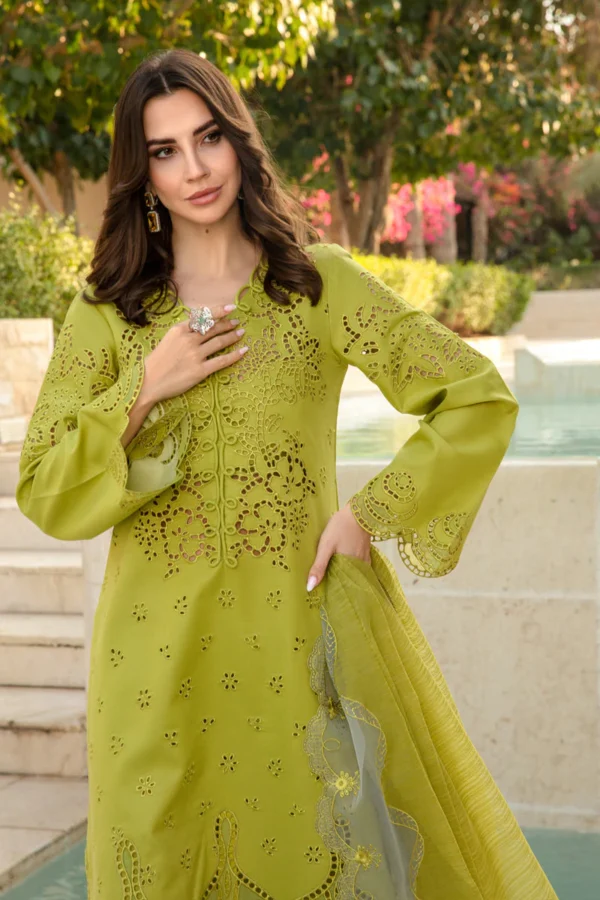 Luxury Lawn Stuff 3 Piece Full Chicken Kari Embroidered Suit With Cotton Net Embroidered Dupatta.