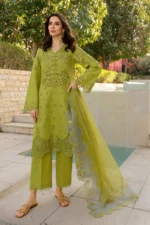 Luxury Lawn Stuff 3 Piece Full Chicken Kari Embroidered Suit With Cotton Net Embroidered Dupatta.