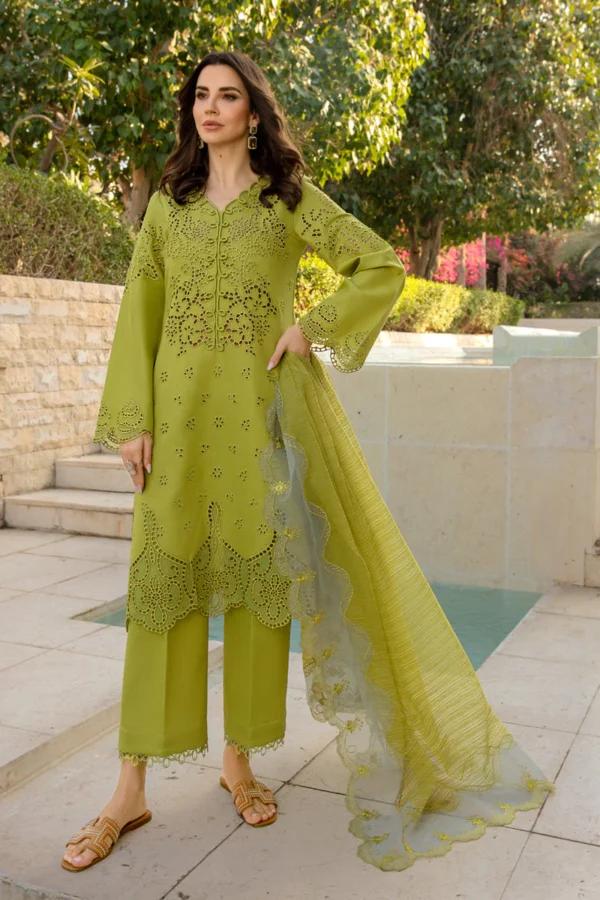 Luxury Lawn Stuff 3 Piece Full Chicken Kari Embroidered Suit With Cotton Net Embroidered Dupatta.