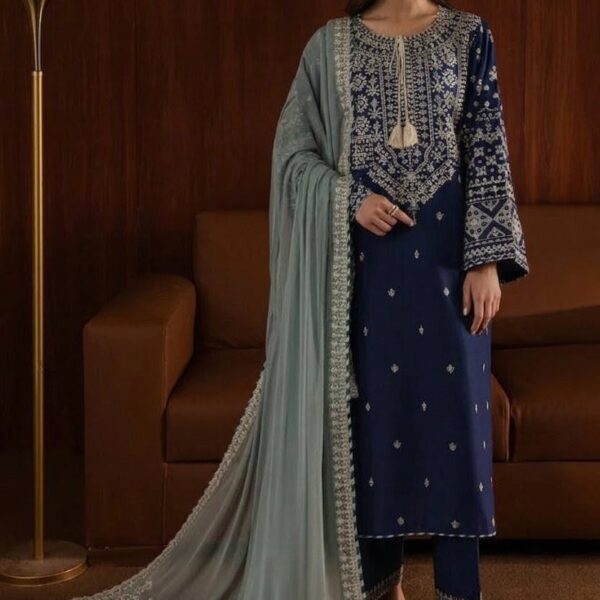 AA-51 3PC Unstitched Embroidered Lawn Suit With Embroidered Chiffon Dupatta