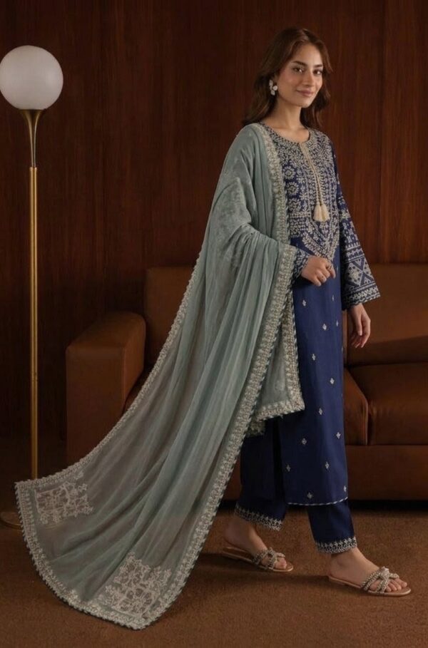 AA-51 3PC Unstitched Embroidered Lawn Suit With Embroidered Chiffon Dupatta