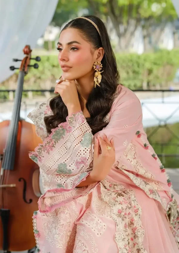 EL-2790 3Piece Unstitched Heavy Embroidered Chickan Kari Lawn Suit Four-sided Embroidered Cotton Net Dupatta