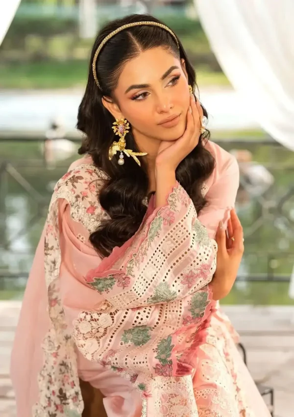 EL-2790 3Piece Unstitched Heavy Embroidered Chickan Kari Lawn Suit Four-sided Embroidered Cotton Net Dupatta