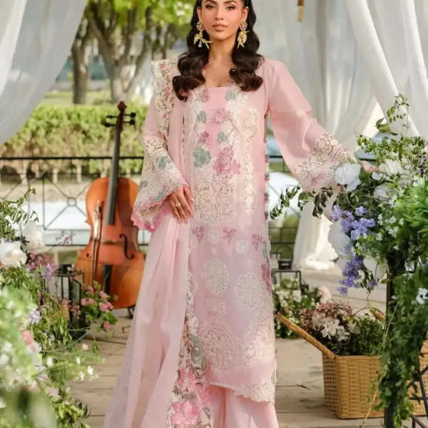 EL-2790 3Piece Unstitched Heavy Embroidered Chickan Kari Lawn Suit Four-sided Embroidered Cotton Net Dupatta