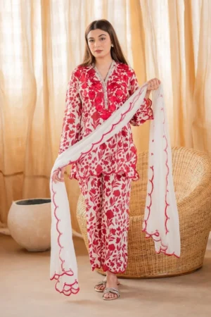 3 Piece -Unstitched Digital Printed Lawn Fabric With Embroided Bamber Chiffon Dupatta